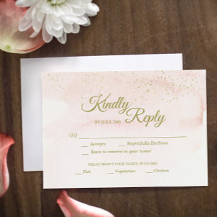 Pink Watercolor Gold Type Wedding Meal Choice RSVP Card