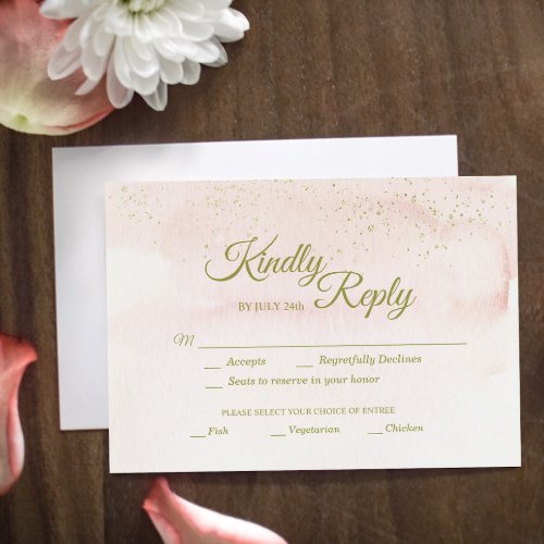 Pink Watercolor Gold Type Wedding Meal Choice RSVP Card