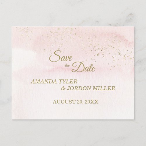 Pink Watercolor Gold Type Wedding Save the Date Announcement Postcard
