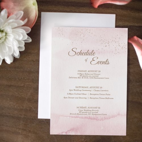 Pink Watercolor Gold Type Wedding Schedule Enclosure Card