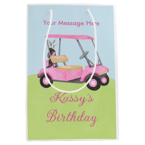 Pink Watercolor Golf Cart Name Message Medium Gift Bag