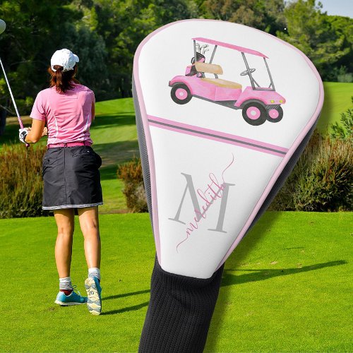 Pink Watercolor Golf Cart Name Monogram Golf Head Cover
