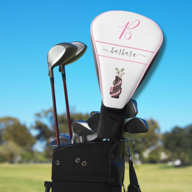 Pink Watercolor Golf Clubs Monogram Name Head Cover (Creator Uploaded)