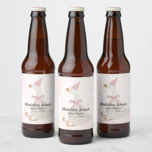 Pink Watercolor Goose Girl Baby Shower Beer Bottle Label