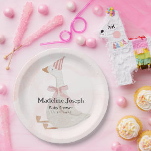 Pink Watercolor Goose Girl Baby Shower Paper Plates