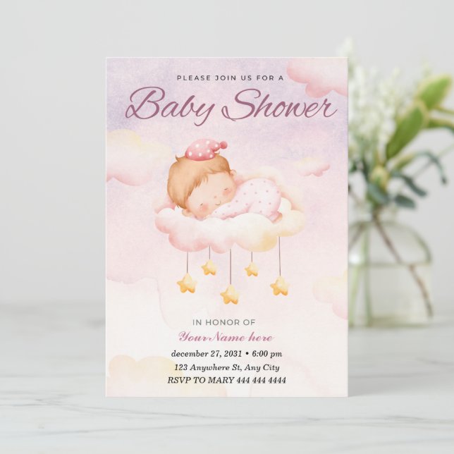 Pink Watercolor Gradient Cute Girl Baby Shower Invitation (Standing Front)