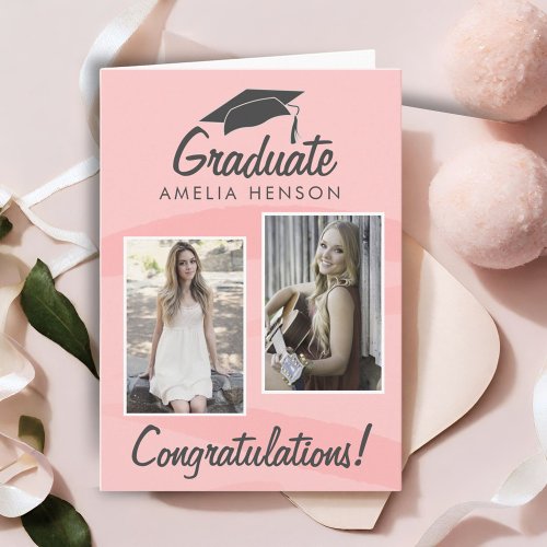 Pink Watercolor Graduate Congratulations 2 Photo  Card