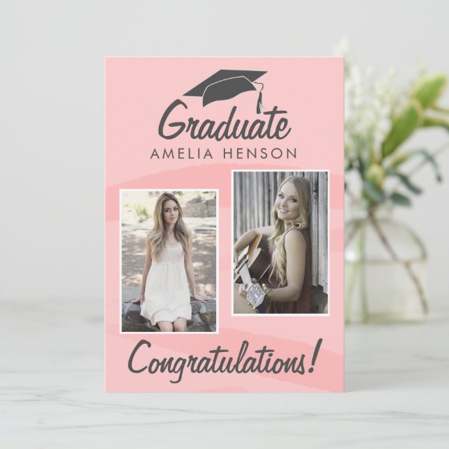 Pink Watercolor Graduate Congratulations 2 Photo  Card (Standing Front)