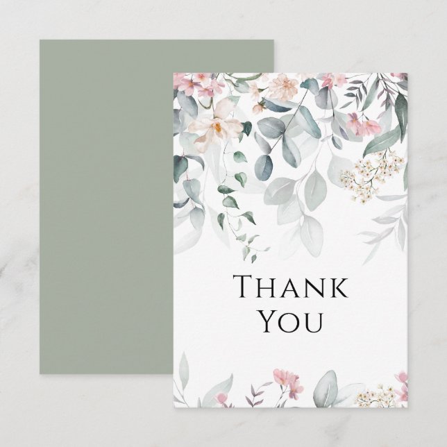 Pink Watercolor Greenery Wedding Thank You Card (Front/Back)