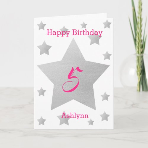 Pink Watercolor Grey Stars 5th Birthday Card