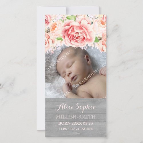 Pink Watercolor Grey Wood Birth Announcement