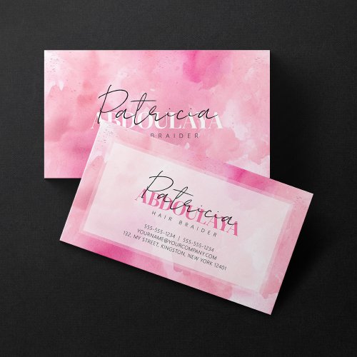 Pink Watercolor Hair Braider Script Typography Business Card