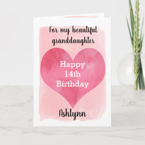 Pink Watercolor Happy 14th Birthday Granddaughter Card