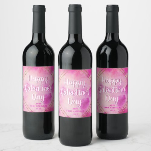 Pink Watercolor Happy Galentines Day Custom Name Wine Label
