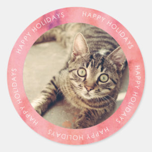 Pink Watercolor Happy Holidays Photo Classic Round Sticker