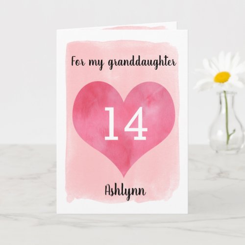 Pink Watercolor Heart 14th Birthday Granddaughter Card