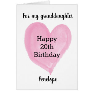Pink Watercolor Heart 20th Birthday Cards