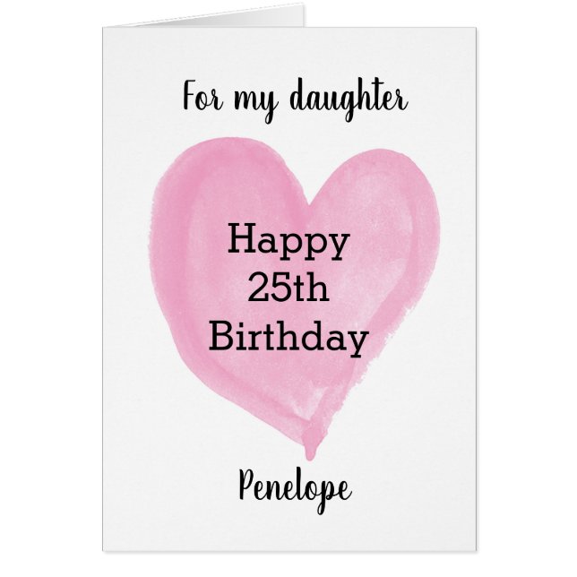 Pink Watercolor Heart 25th Birthday Cards (Front)