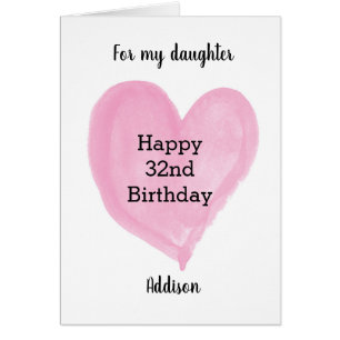 Pink Watercolor Heart 32nd Birthday Cards