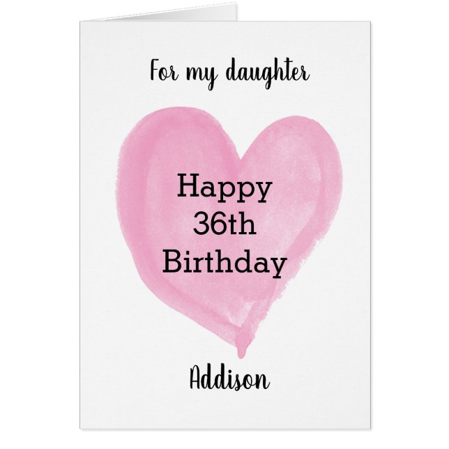 Pink Watercolor Heart 36th Birthday Cards (Front)