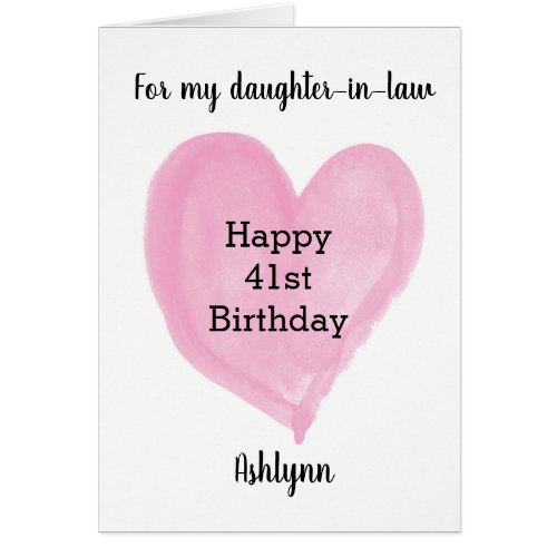 Pink Watercolor Heart 41st Birthday Card