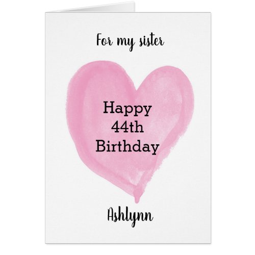 Pink Watercolor Heart 44th Birthday Card