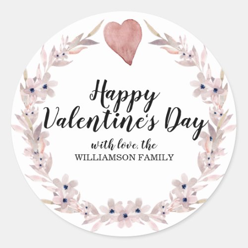 Pink Watercolor Heart and Flower Valentines Day Classic Round Sticker