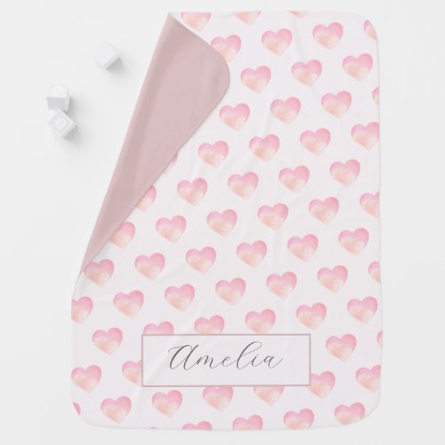 Pink Watercolor Heart Baby Girl Personalized Name  Baby Blanket