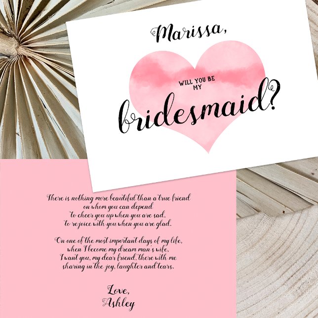 Pink Watercolor Heart Be My Bridesmaid Poem Invitation (Creator Uploaded)