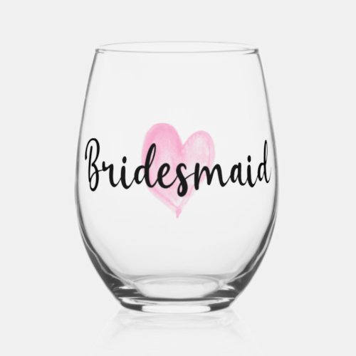Pink Watercolor Heart Bridesmaid Drinkware Set Stemless Wine Glass