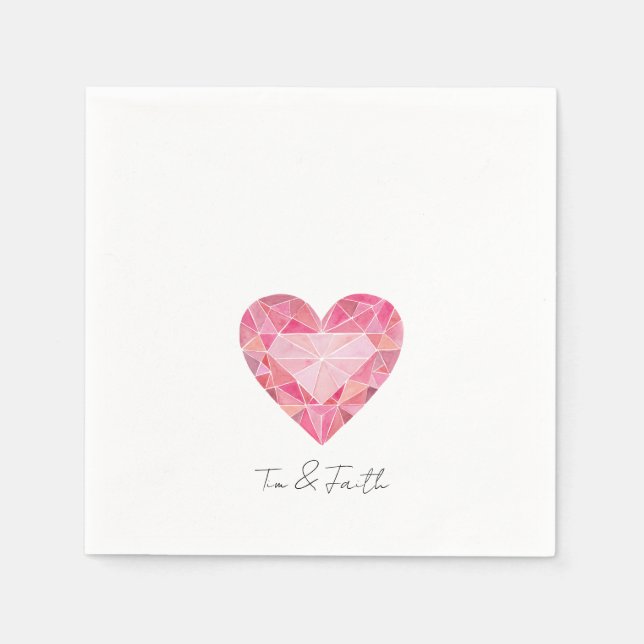 Pink Watercolor Heart Gem Glam Diamond Love NAMES Napkins (Front)