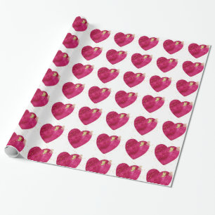Pink Watercolor Heart & Gold Butterfly Valentine Wrapping Paper