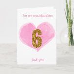 Pink Watercolor Heart Gold Glitter 6th Birthday Card<br><div class="desc">A personalized 6th birthday card featuring a watercolor pink heart and a gold glitter six. You can personalize the front of this 6th birthday card with her name. Please note there is not actual glitter, but a glitter design effect. There is a sweet birthday message inside, which can also be...</div>