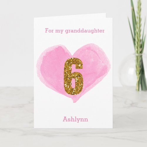 Pink Watercolor Heart Gold Glitter 6th Birthday Card