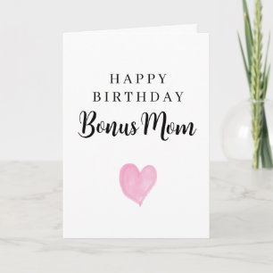 Pink Watercolor Heart Happy Birthday Bonus Mom Card