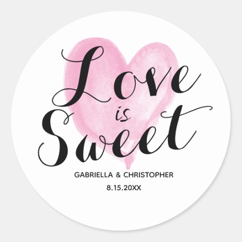 Pink Watercolor Heart Love is Sweet Classic Round Sticker