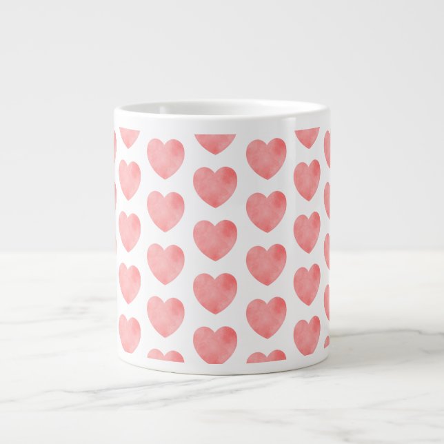 Pink watercolor heart pattern giant coffee mug (Front)