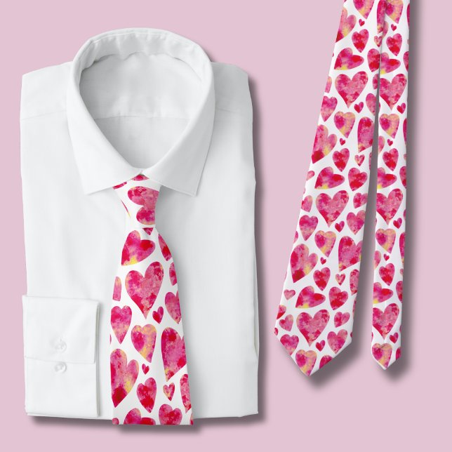 Pink Watercolor Heart pattern Neck Tie (Bright pik love heart tie)