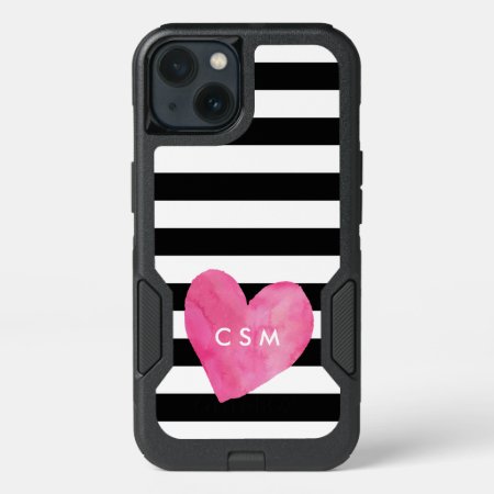 Pink Watercolor Heart Personalized | Striped Iphone 13 Case