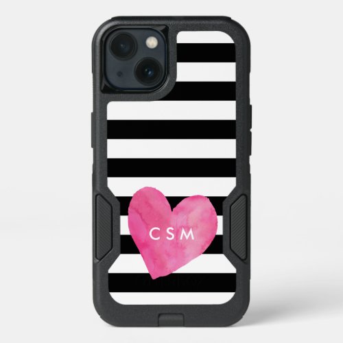 Pink Watercolor Heart Personalized  Striped iPhone 13 Case