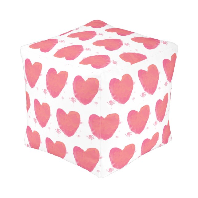 Pink Watercolor Heart Pouf (Angled Back)