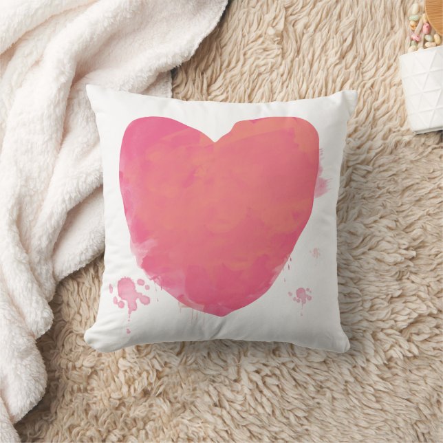 Pink Watercolor Heart Throw Pillow (Blanket)