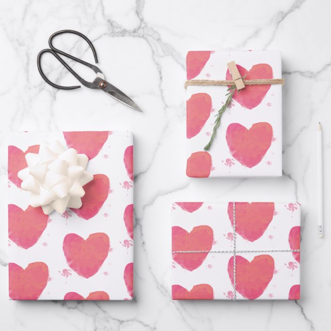 Pink Watercolor Heart Wrapping Paper Sheets (Front)