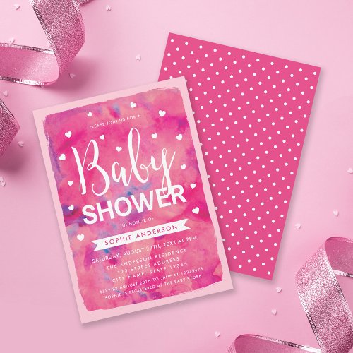 Pink Watercolor Hearts Baby Shower Invitation