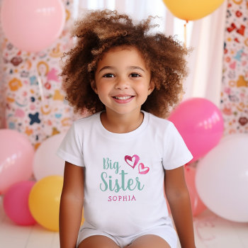 Pink Watercolor Hearts Big Sister Name Monogram To Toddler T-shirt by jenniferstuartdesign at Zazzle