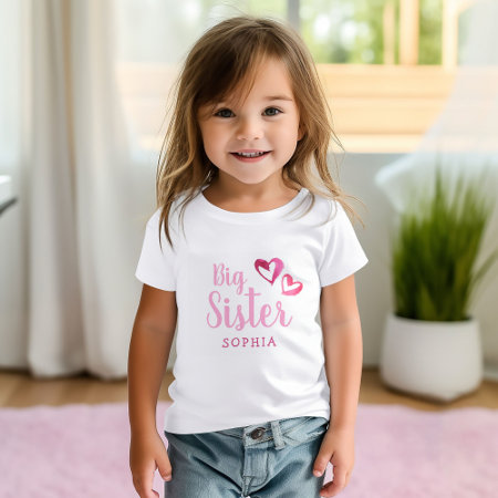 Pink Watercolor Hearts Big Sister Name Monogram To Toddler T-shirt