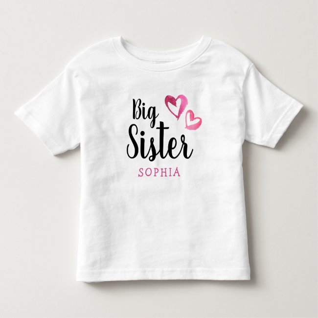 Pink Watercolor Hearts Big Sister Name Monogram Toddler T-shirt