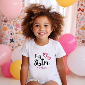 Pink Watercolor Hearts Big Sister Name Monogram Toddler T-shirt by jenniferstuartdesign at Zazzle