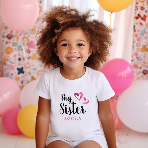 Pink Watercolor Hearts Big Sister Name Monogram Toddler T_shirt