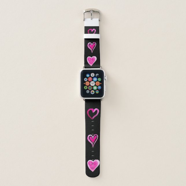 Pink Watercolor Hearts Black Pretty Cute Apple Watch Band (Front)
